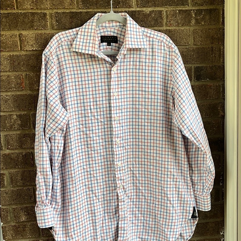 Robert Talbott Estate size 16 34 red white blue button front shirt cotton